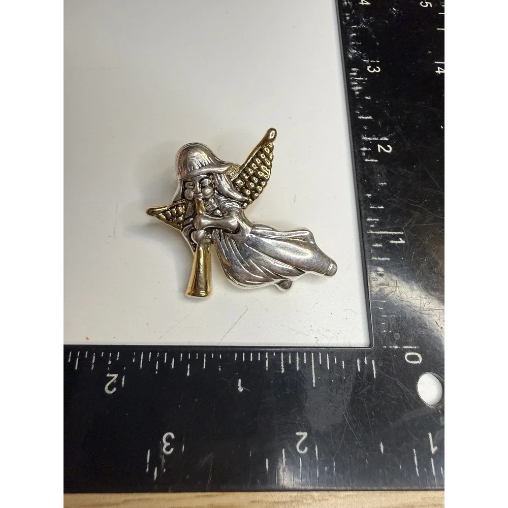 Two Tone Silver Gold Angel Playing Trumpet Brooch Pin Holiday Jewelry